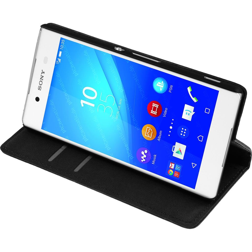 PhoneNatic Kunst-Lederhülle kompatibel mit Sony Xperia Z3+ / Plus - Book-Case schwarz + 2 Schutzfolien