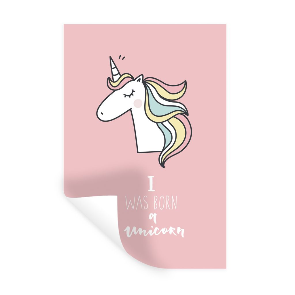 MuchoWow Wandtattoo Wandsticker Wandaufkleber Einhorn - Zitate - Rosa - Ich wurde als Einhorn geboren - Mädchen - Kind 80x120 cm Selbstklebend u...