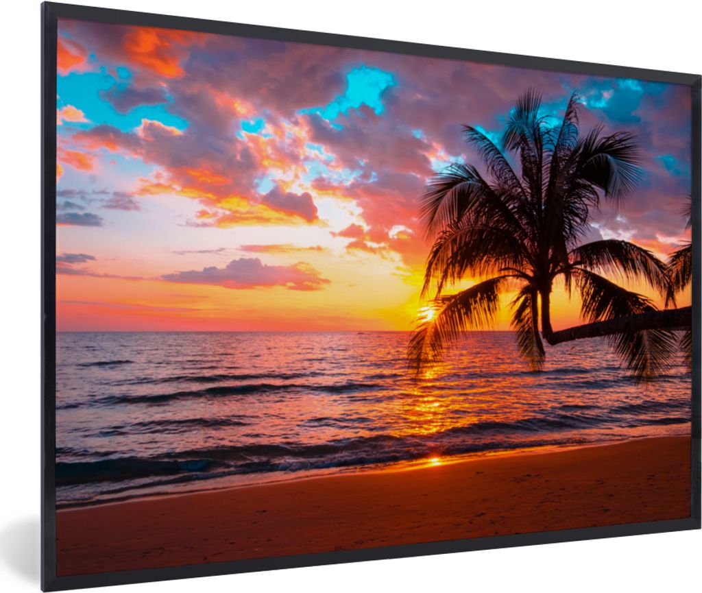 MuchoWow Gerahmtes Poster Palme - Sonnenuntergang - Strand - Meer - Horizont 90x60 cm - Poster mit Schwarzem Bilderrahmen Wandposter Rahmen Foto ...