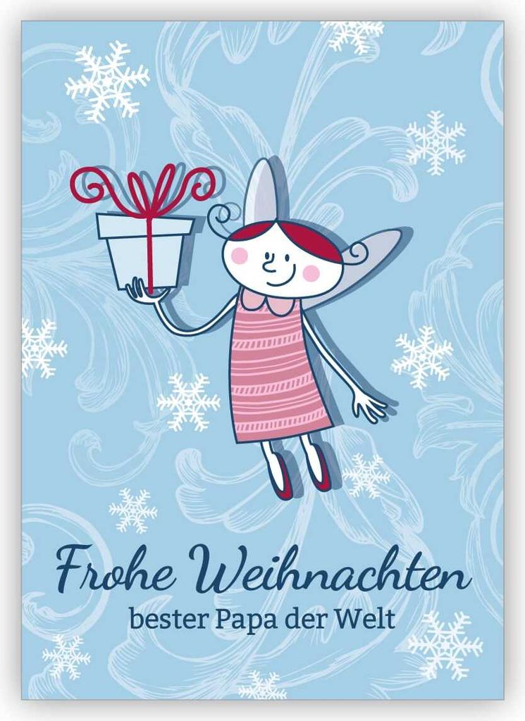 Niedliche Weihnachtskarte mit Geschenke Engel: Frohe Weihnachten bester Papa der Welt