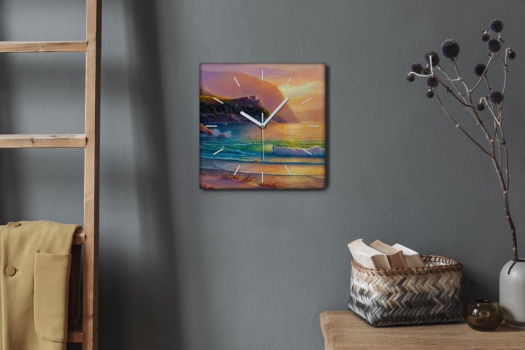 Coloray Hodiny Unikátní 30x30 cm Tiché hodiny Pro obývací pokoj a kuchyň Nástěnné hodiny Plátno Bílé ručičky hodin - Pobřežní vlny
