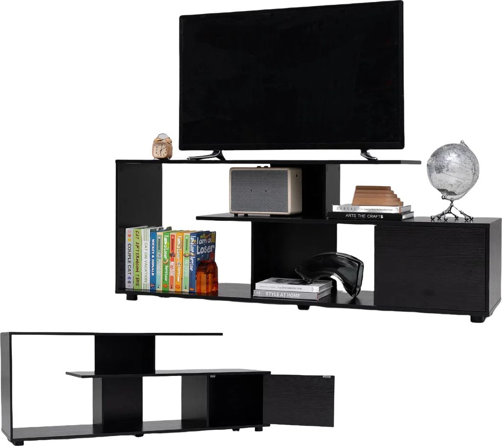 KOMFOTTEU TV-Schrank für Fernseher bis zu 55 Zoll, TV Lowboard 3 Ebenen mit Türschrank, TV-Tisch mit verstellbaren Beinen, 152 x 38 x 58,5 cm TV ...