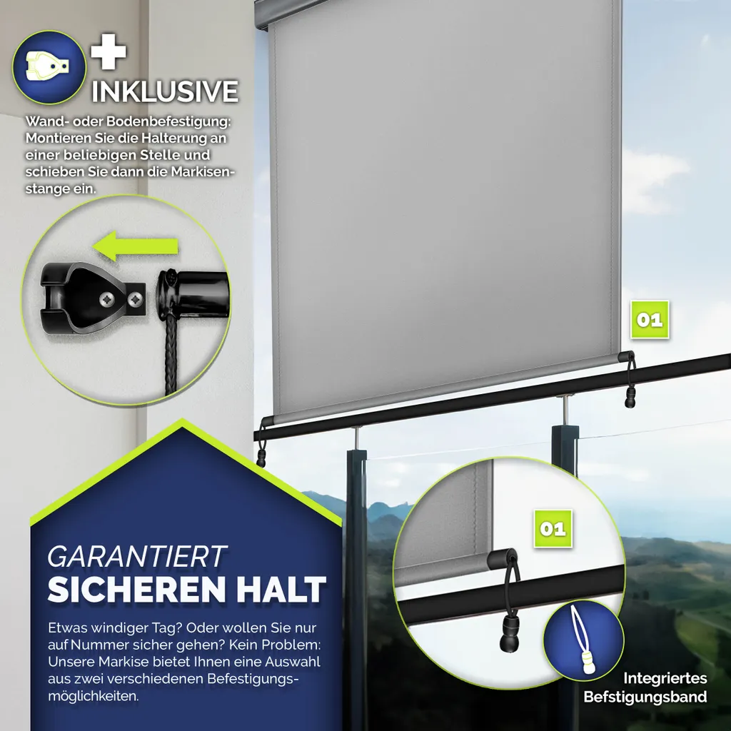 tillvex® Tenda verticale 160x250 cm Grigio per esterni e interni | Tenda a rullo per esterni impermeabile con manovella per balcone, terrazza e giardino | Tenda a rullo per balcone protezione solare in alluminio | Tenda a rullo protezione privacy - 3