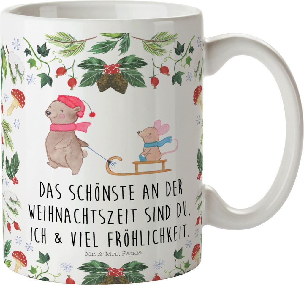 Mr. & Mrs. Panda Kaffeebecher Bär und Maus Schlitten - Weiß - Geschenk, Kaffeetasse, Becher, Wintermotiv, Tasse, cappuccinotasse, Kaffeepott