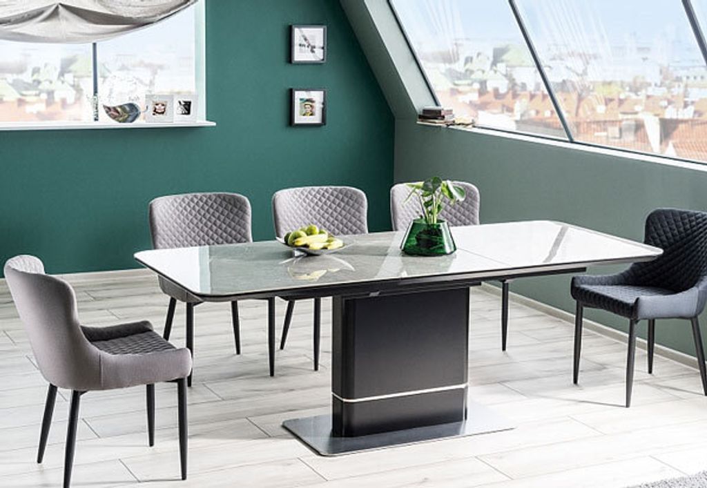 Esstisch Säulentisch Pallas Ceramic 160-210x90x76cm Marmor grau schwarz ausziehbar