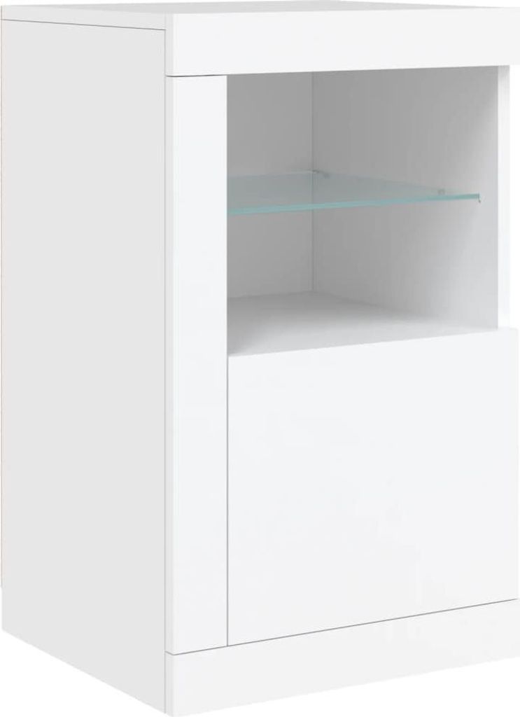 A white bedside table with a glass shelf and a drawer.