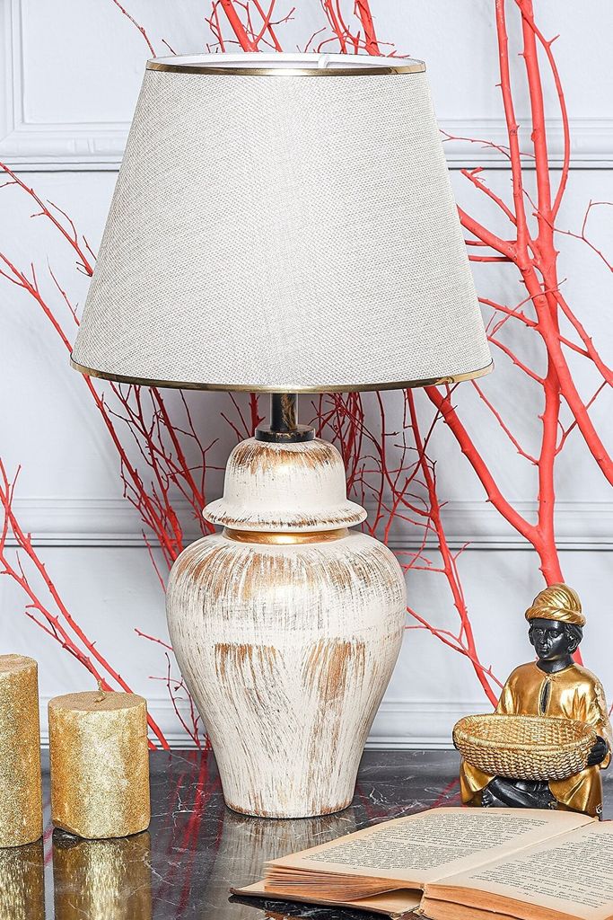 Opviq, Hochwertige Tischlampe mit Metallkörper, Creme und Produktbild 