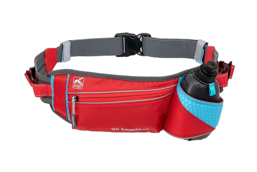 Kurgo On Trail Laufgürtel, verstellbar, reflektierend, inkl. BPA-freier Wasserflasche, Rot/Blau/Grau