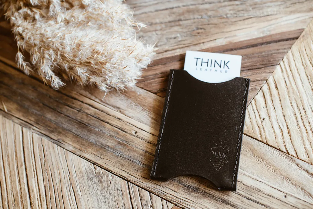 Porte-cartes de visite en cuir véritable fait main - Finition Cognac