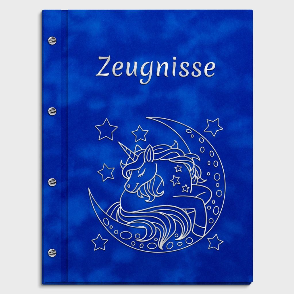 Zeugnismappe in Samtoptik königsblau mit silbernem Einhorn-Motiv-inkl. 12 Hüllen