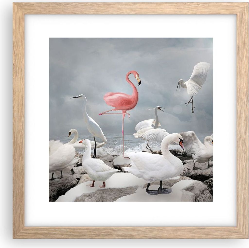 Gerahmtes Poster - Rahmen in heller Eiche - Flamingo Schwan Fantasie - 30x30 cm - Wand Bild - Wanddeko - Wandbilder - Kunstposter - Wandposter - Bi...