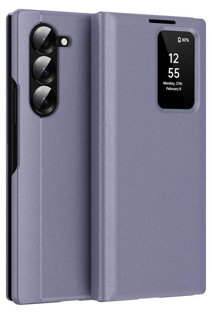 Leder Flip Case für Samsung Galaxy Z Fold 6, Smart View Fenster Handyhülle mit Kartenfach Lila