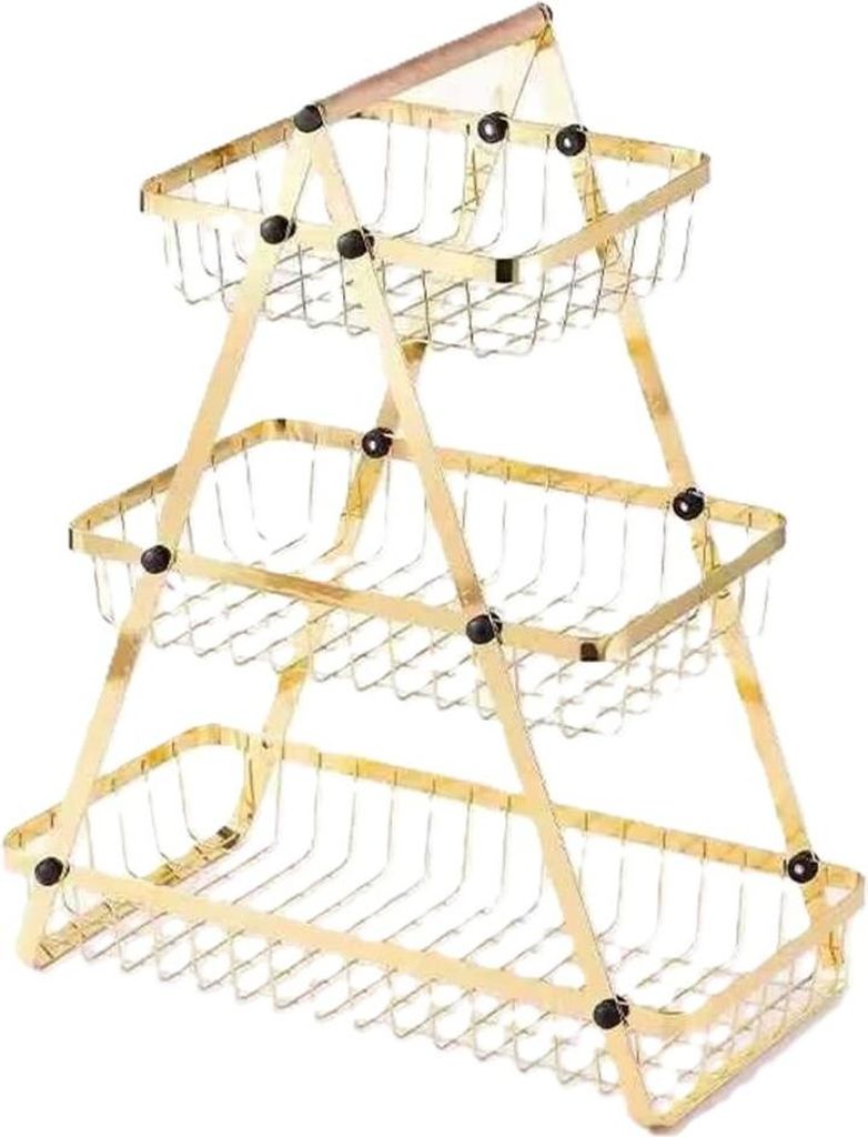 3-stöckige Etagere mit Griff, Obstkorb in Gold - Tragbar & Platzsparend