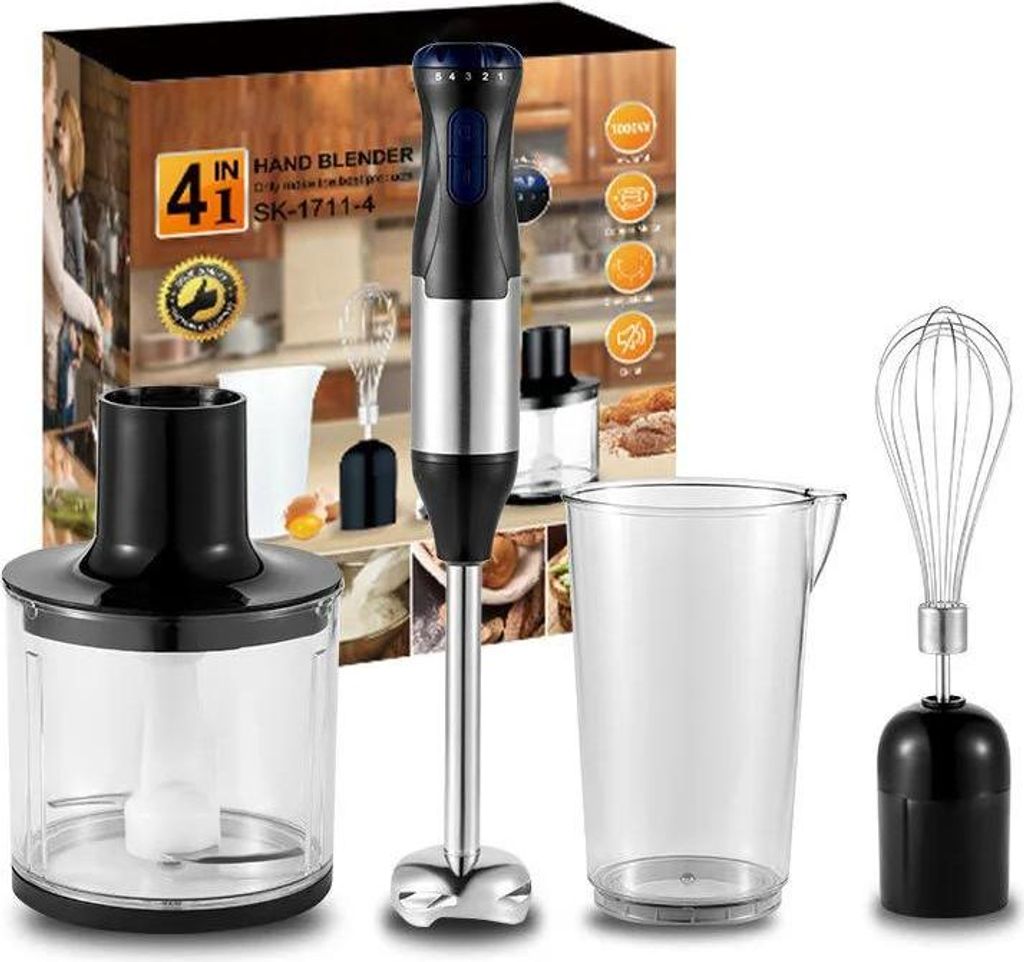 Küchenmixer 4-in-1 - Stabmixer Set - 1000W leistungsstark - Edelstahlgehäuse - Zerkleinerer und Schneebesen - EU Stecker A