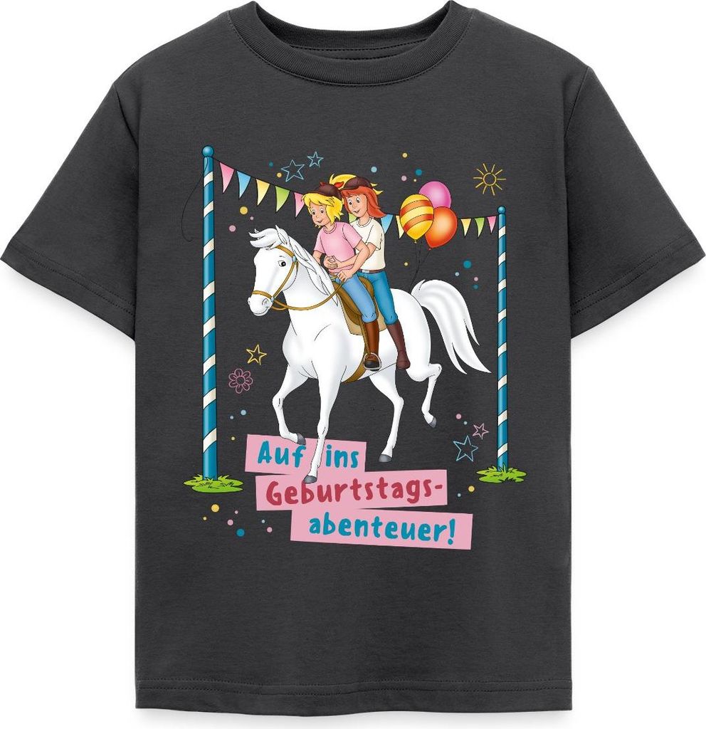 Spreadshirt Bibi & Tina Auf Ins Geburtstagsabenteuer Geburtstag Kinder T-Shirt, 98/104 (3-4 Jahre), Dunkelgrau