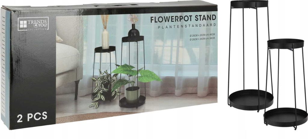 The image shows the packaging for a set of two black metal flowerpot stands, with a picture of the stands with plants on the box. The actual product is shown to the right of the packaging.