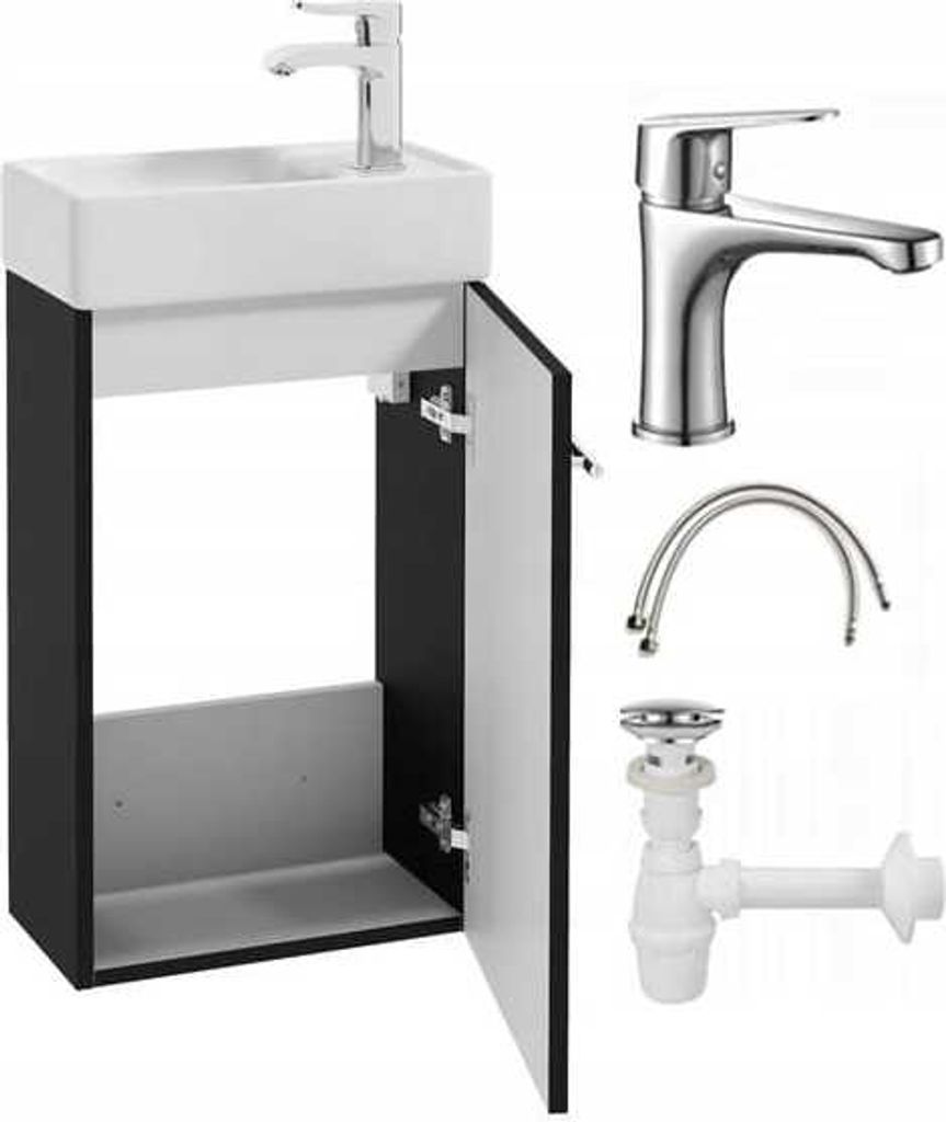 Badezimmerschrank mit schwarzem Hängewaschbecken 40x60 Klein mit länglichem Chromhahn