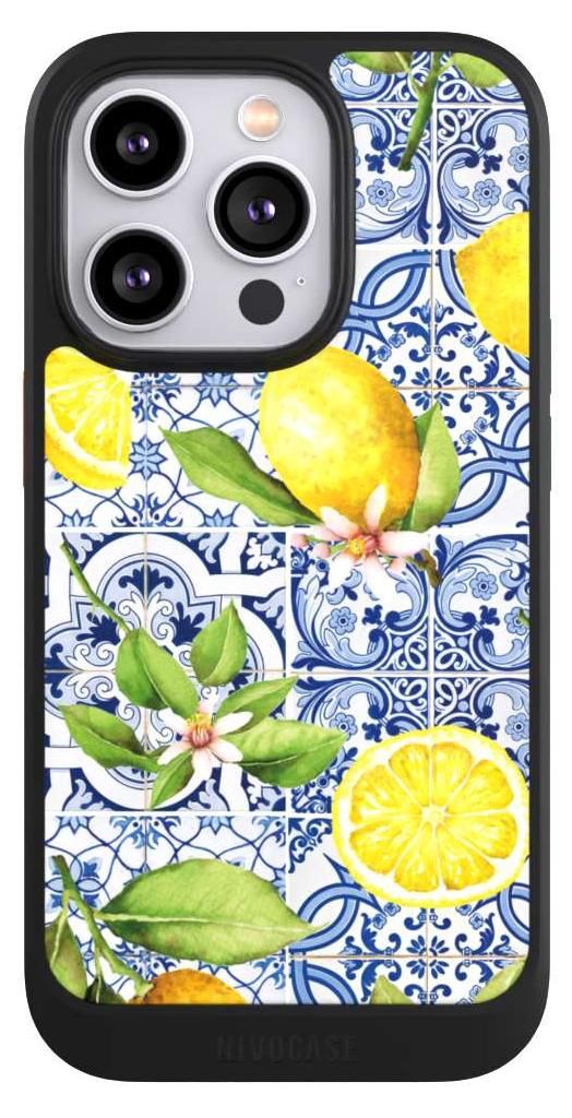 NIVOCASE Hülle für Apple iPhone 14 Pro Handyhülle NIVOcore Case Schwarz Griechenland Muster Zitrone