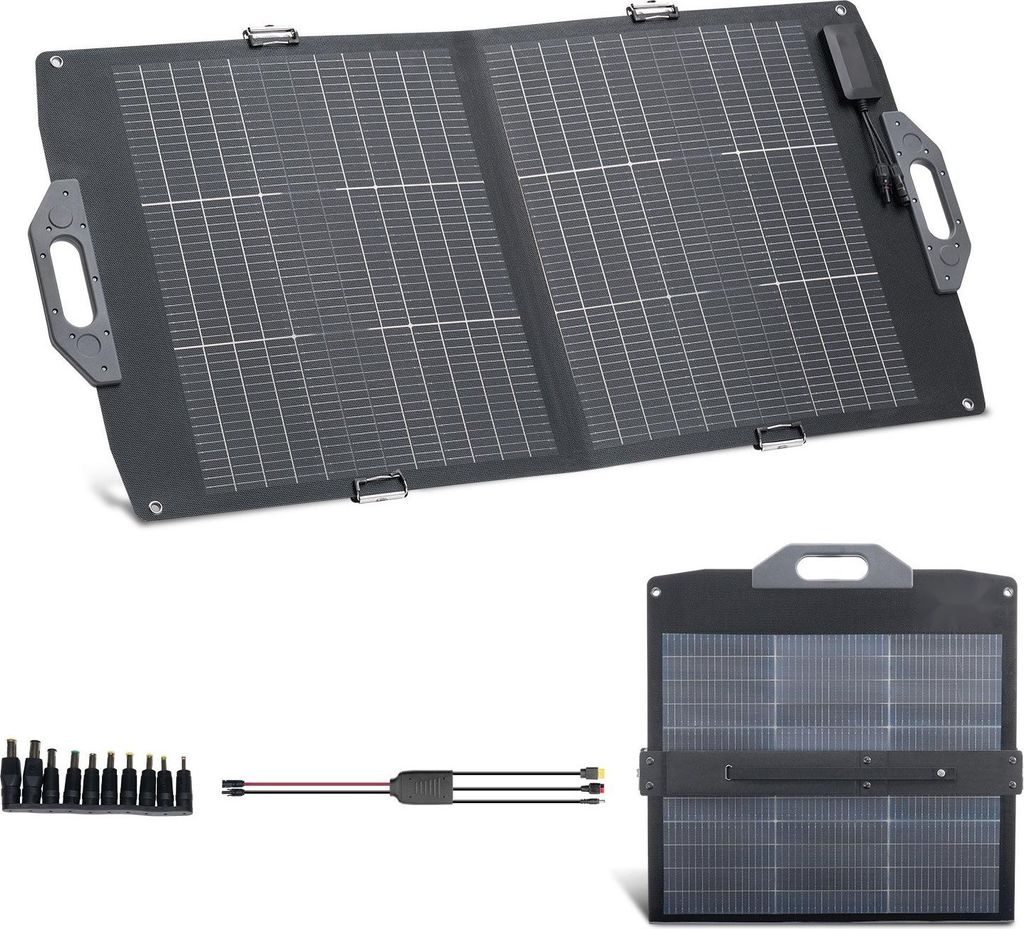 Faltbares Solarpanel - 100 W Monokristallines Solarmodul - Bifazial - N-Typ 16BB - 24 % Wirkungsgrad - Anschlüsse: MC4, USB-A QC3.0, USB-C, DC - F...