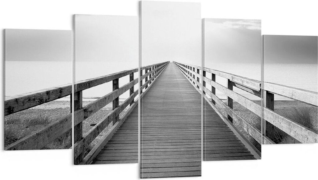 Bild auf Leinwand - Leinwandbild - 5 Teile - Pier Perspektive Schwarzweiß - 160x85cm - Wand Bild - Wanddeko - Wandbilder - Leinwanddruck - Bilder ...