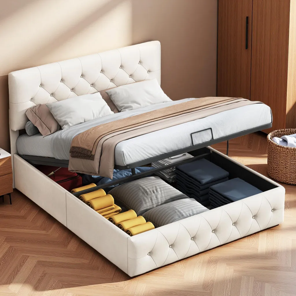 Lit rembourré ProximaX 140x200cm beige en velours avec sommier à lattes