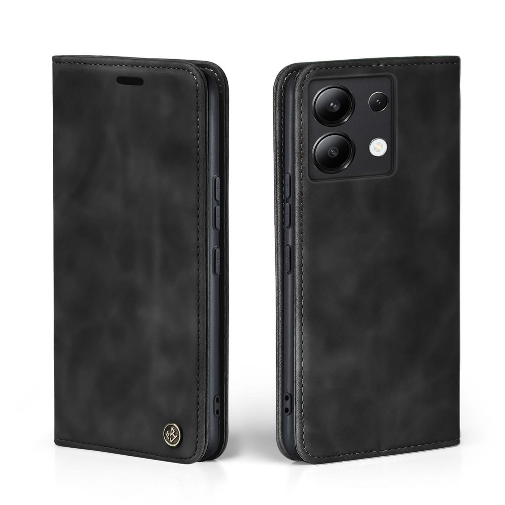 A black flip case for a smartphone is shown from two angles against a white background.