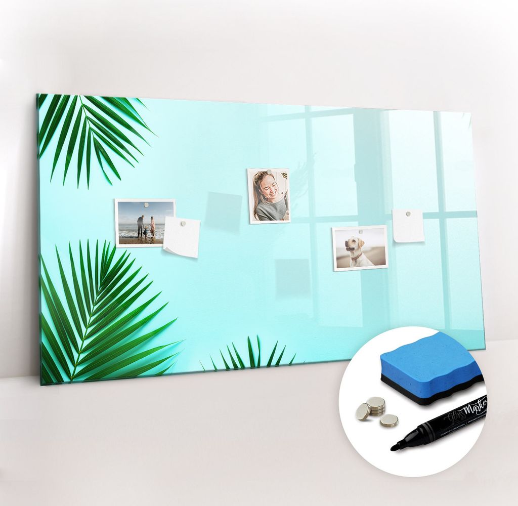 Magnetpinnwand Memoboard - Zubehörsatz - Schwarzer Marker + Schwamm + Magnete - 120 x 60 cm - Palmenblätter