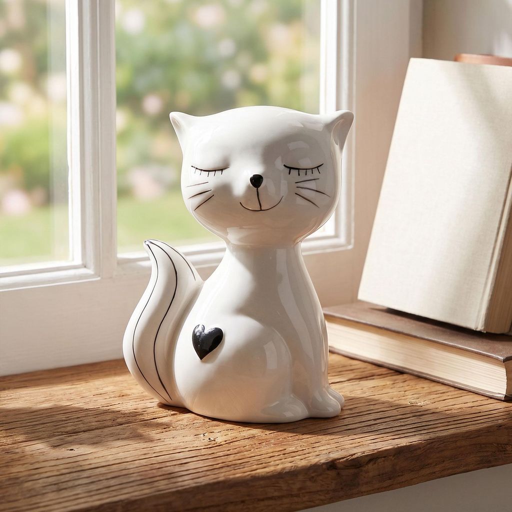 Katze Deko Figur Keramik H17cm Schwarz Weiß Skulptur Tischdeko Herz Wohndeko Katzenfigur Geschenk