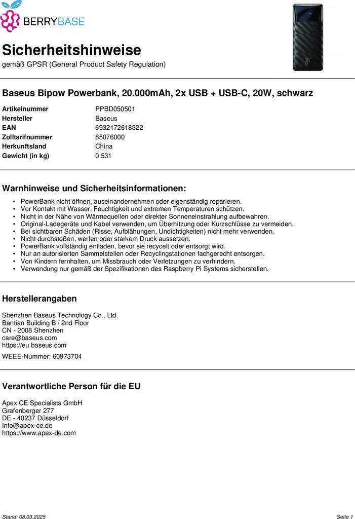 Baseus Bipow Schnelllade-Powerbank 20000mAh 20W schwarz Produktbild 10