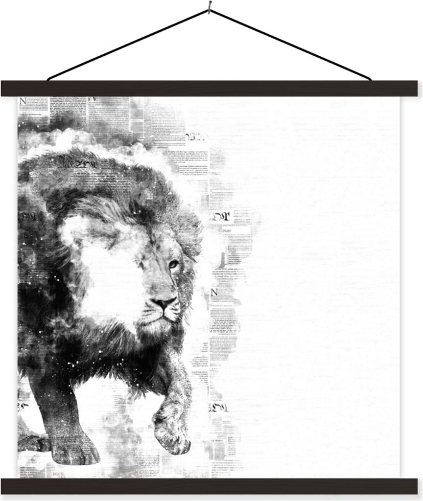 MuchoWow Textilposter Löwe - Zeitung - Schwarz - Weiß 120x120 cm mit schwarzem Rahmen - Aufhängungsset