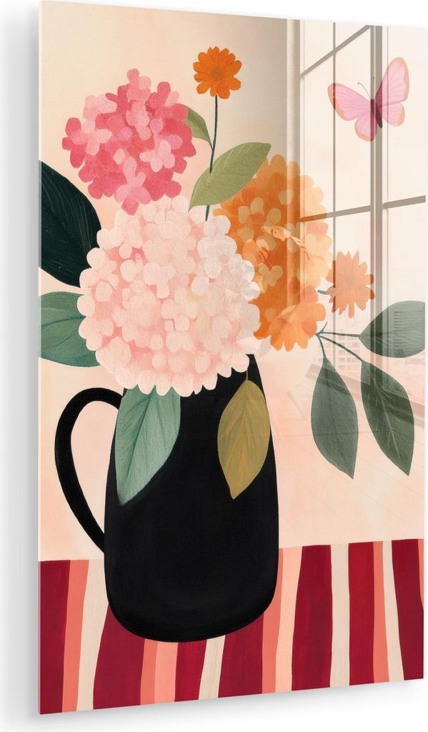 MuchoWow Glasbilder - Bilder auf Wandbild - Foto auf Glas Vase - Blumen - Schmetterling - Rot 40x60 cm Wanddekoration aus Glas - Acrylglasbild - Ac...