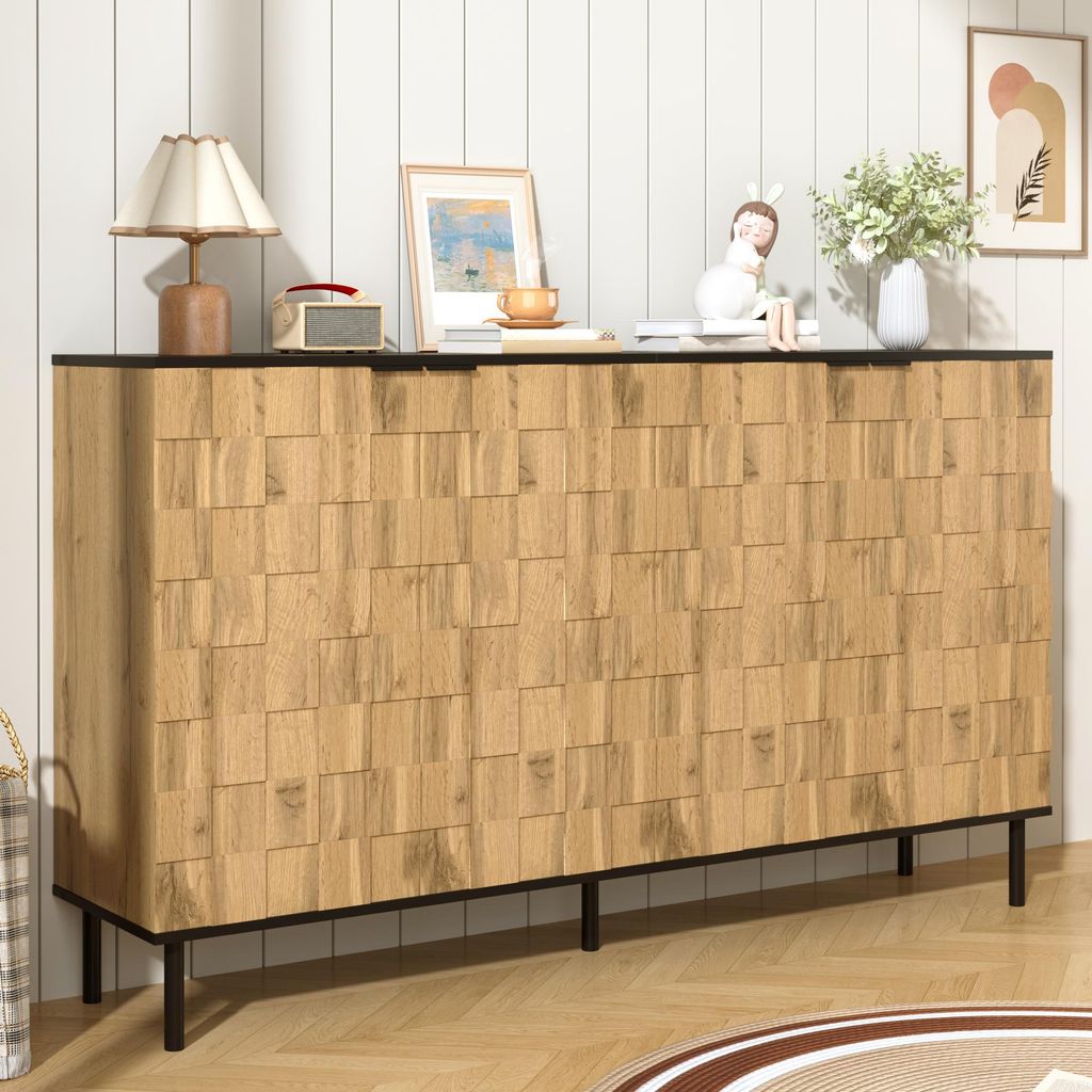 Sideboard mit Mosaik-Design - Holzoptik - 2 Türen mit fester Zwischenbodenkonstruktion - Stabile schwarze Metallfüße