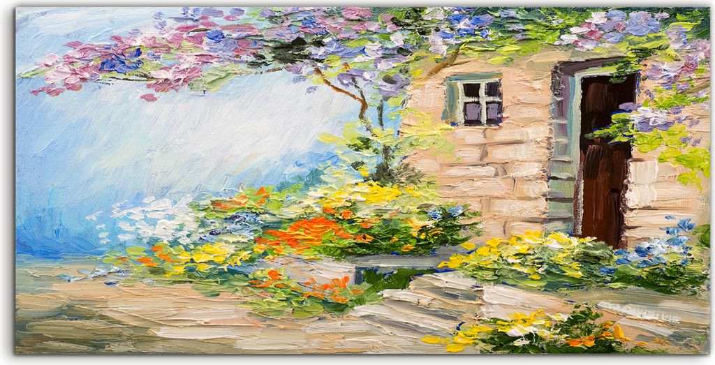 Coloray Acrylbild 120x60 Wandbild Acrylbilder Deko Haus Garten Blume Baum Tür Fenst