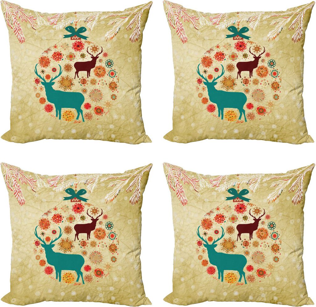 ABAKUHAUS Weihnachten Kissenbezug Set (4 Stück), Rentiere im Winter, Moderner Doppelseitiger Digitaldruck, 45 cm x 45 cm, Beige