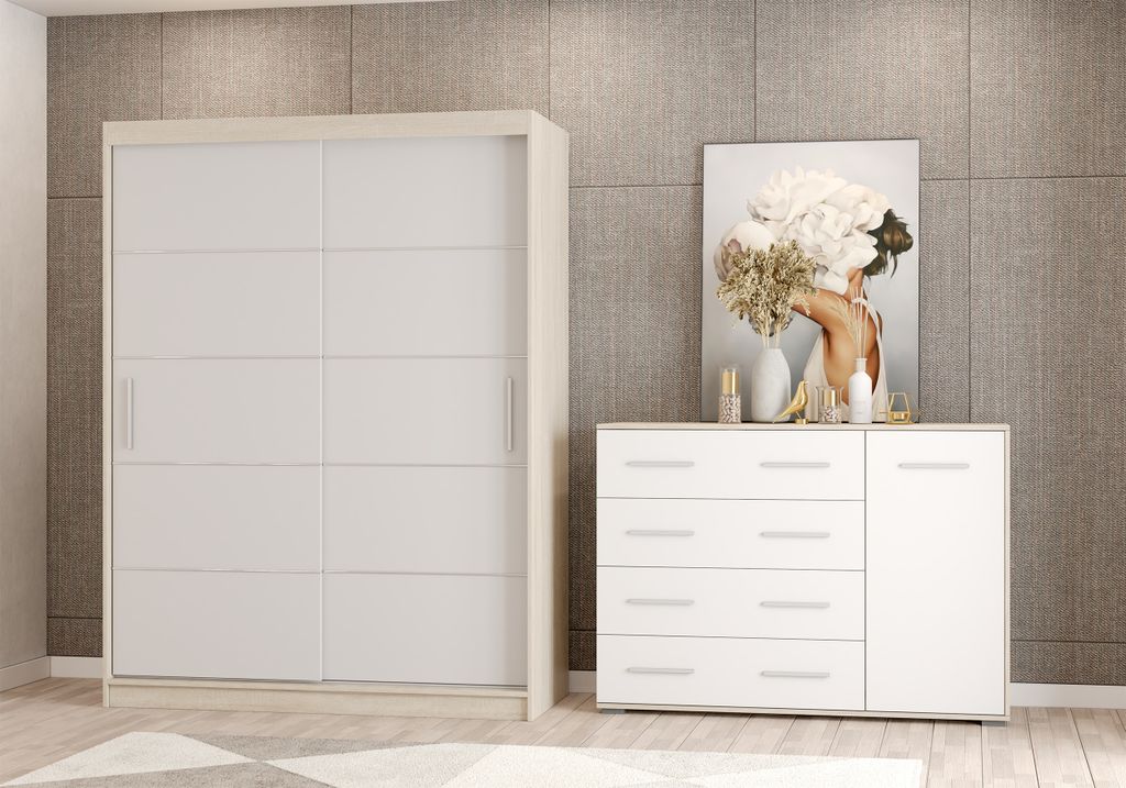 S2er-Set Schwebetürenschrank Schrank Kleiderschrank mit Zierleisten und Led Beleuchtung Sonoma/Weiß 150cm Vista 06 mit Kommode 135cm FRIDA 01