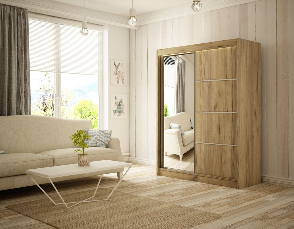 Kleiderschrank Padwa 120 cm inklusive 2 Schiebetüren mit Spiegel Lieferung bis in die Wohnung Kleiderstange Garderobe Schrank Hochschrank Schlafzi...