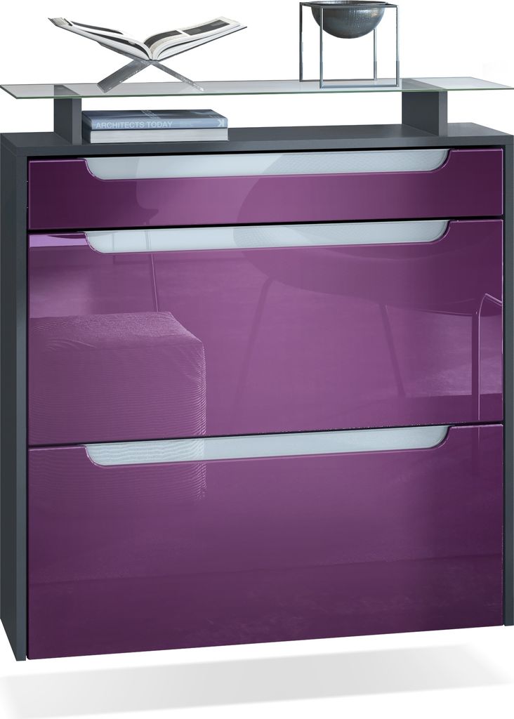 Vladon Schuhschrank Annie, Schuhkipper für 16 Paar Schuhe mit 2 Klappen, 1 Schublade und Glasablage, Anthrazit matt/ Brombeer Hochglanz, Griffmuld...