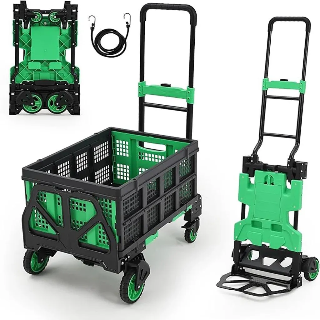 Diable de manutention léger 150kg pliable avec panier de rangement vert
