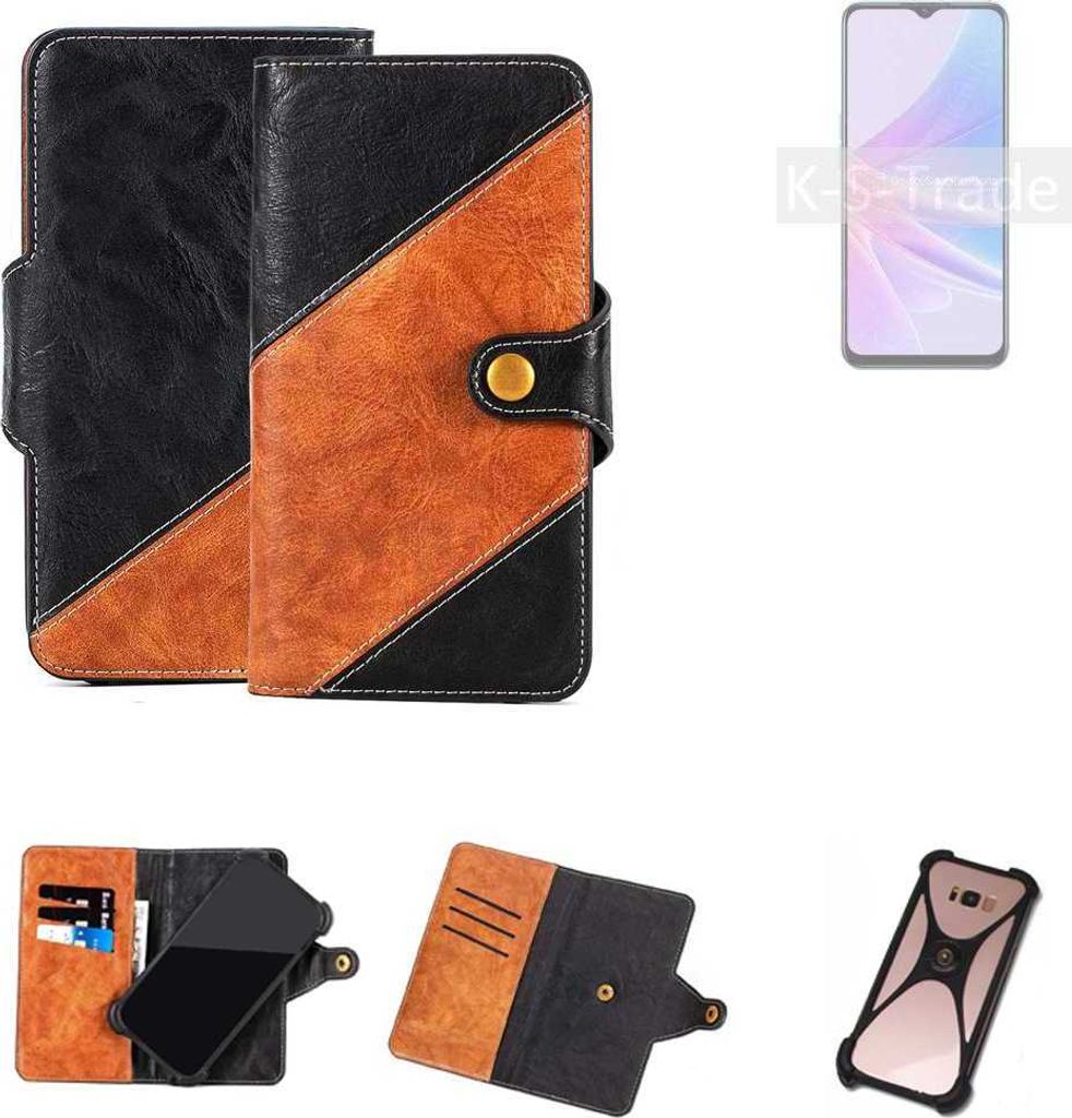 K-S-Trade Handyhülle Schutzhülle Bookstyle Case Wallet-Case kompatibel mit Oppo A58 5G Handy Cover Bumper Klapphülle schwarz hellbraun 1x