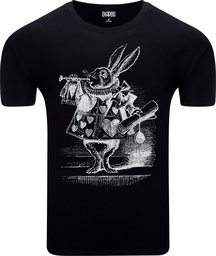 Diarbo Herren T-Shirt mit Alice im Wunderland Druck Weißes Kaninchen Schwarz Gr.L