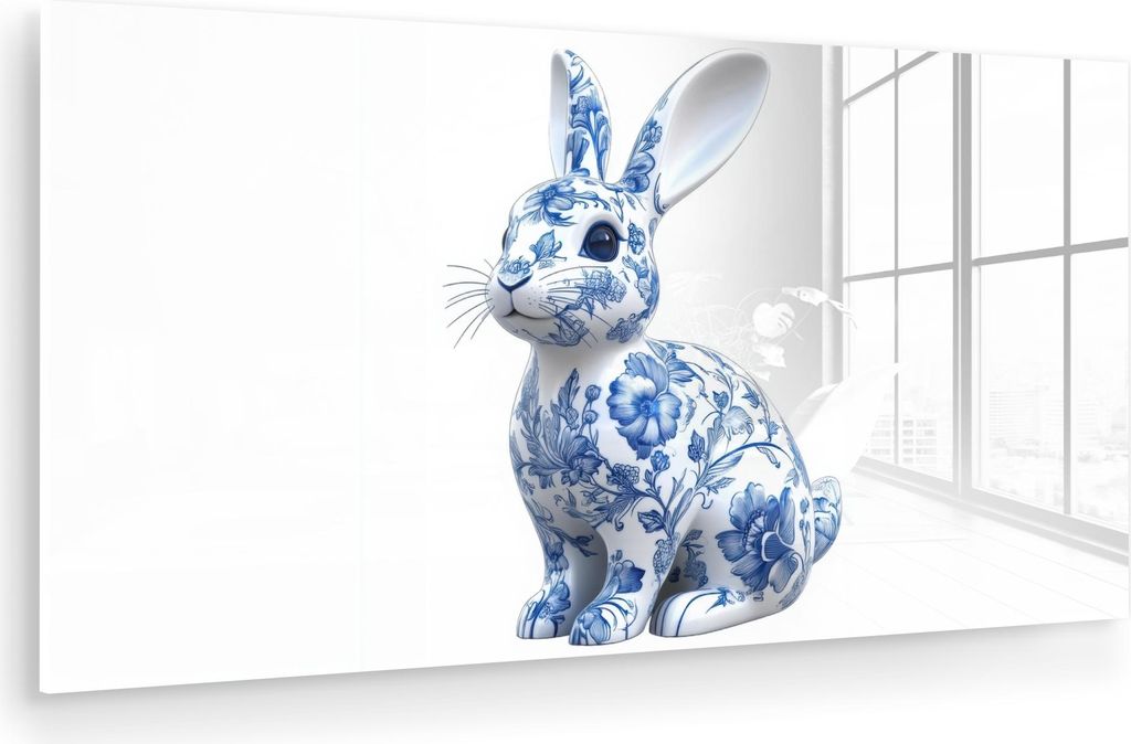 MuchoWow Glasbilder - Bilder auf Wandbild - Foto auf Glas Delfter Blau - Kleines Kaninchen - Weiß 40x20 cm Wanddekoration aus Glas - Acrylglasbild...
