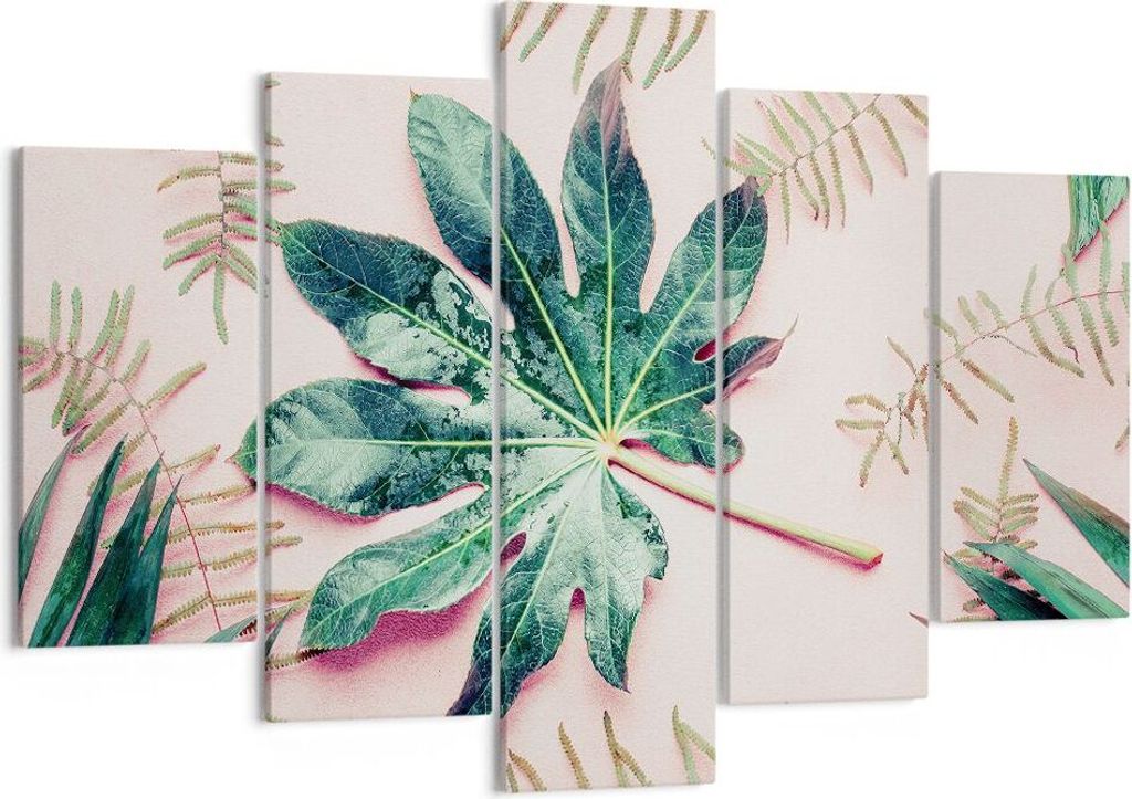 Bild auf Leinwand - Leinwandbild - 5 Teile - Blatt Tropisch Palme - 150x100cm - Wand Bild - Wanddeko - Wandbilder - Leinwanddruck - Bilder - Wandde...