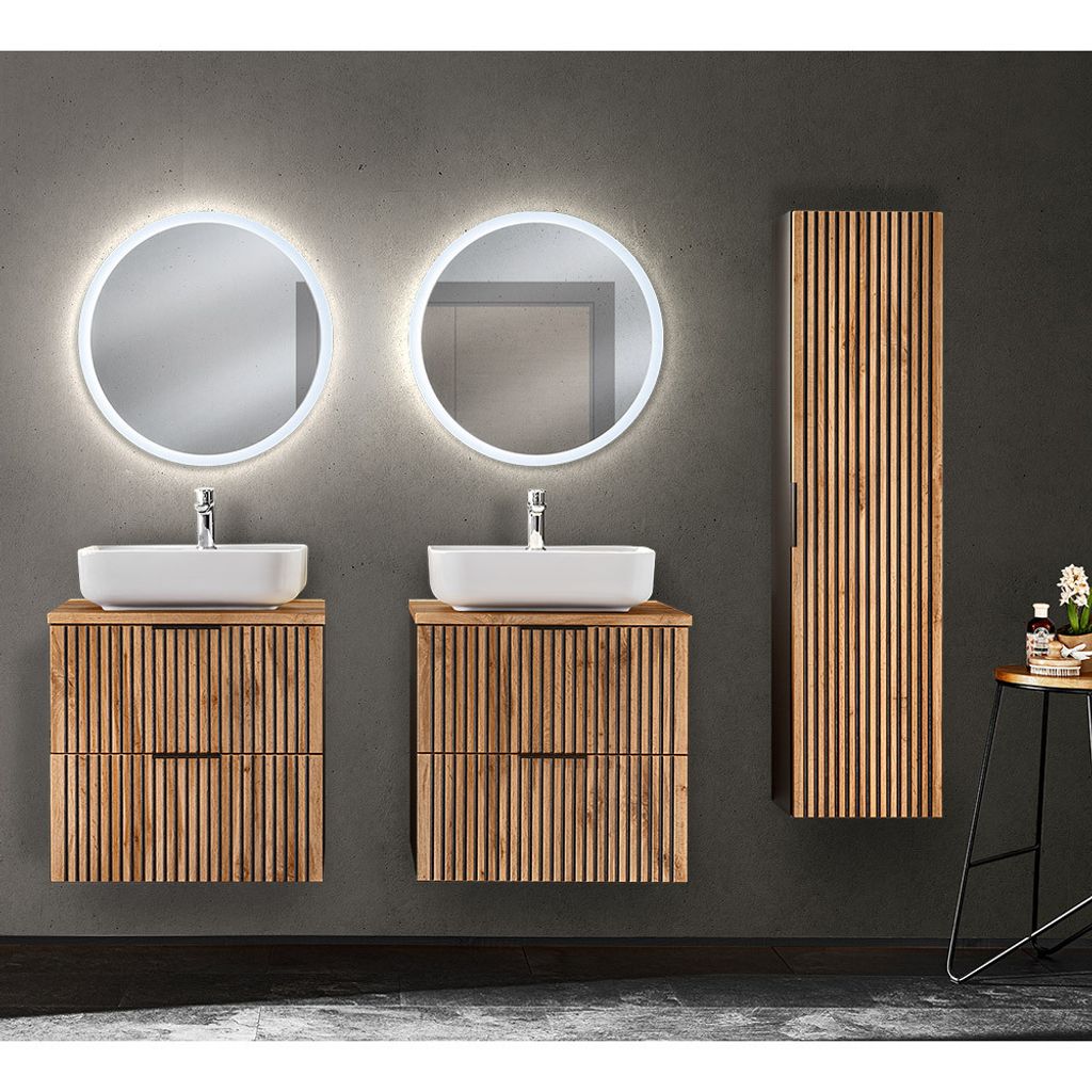 Badmöbel Set mit Hochschrank, 2 Waschtischen je 60 cm XANTEN-56 in anthrazit mit Eiche Nb. Rillen schwarz, B/H/T: ca. 190/200/46,5 cm