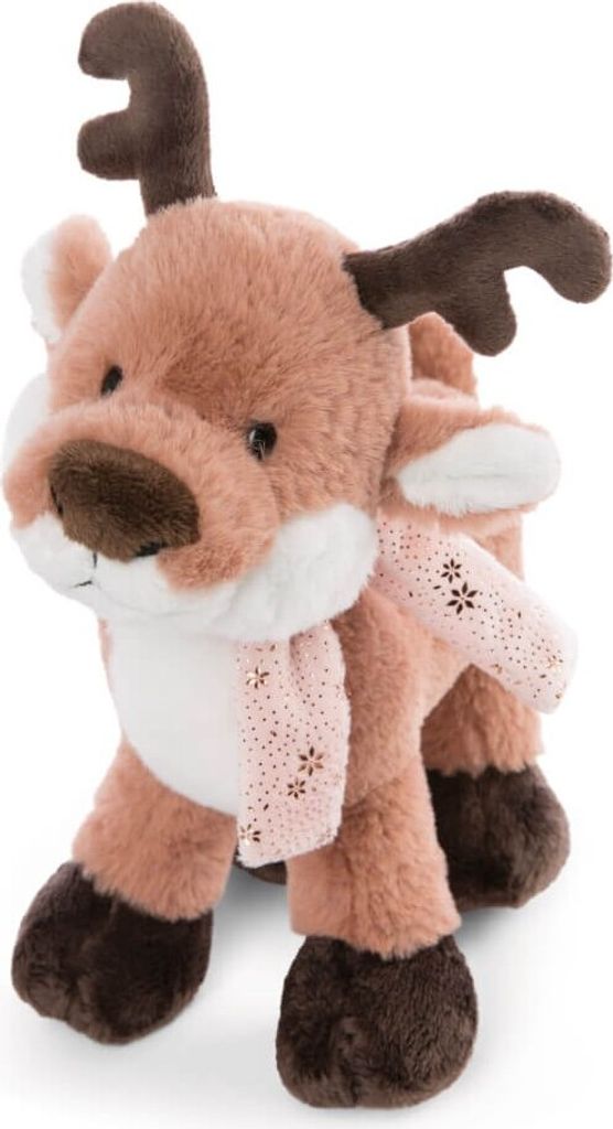 A plush toy reindeer with a pink scarf.