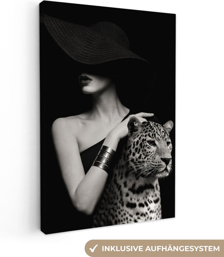 Wanddeko 60x90 cm - Frau - Leopard - Luxus - Schwarz - Weiß - Tier, Leinwand Bilder, Gemälde, Wanddeko