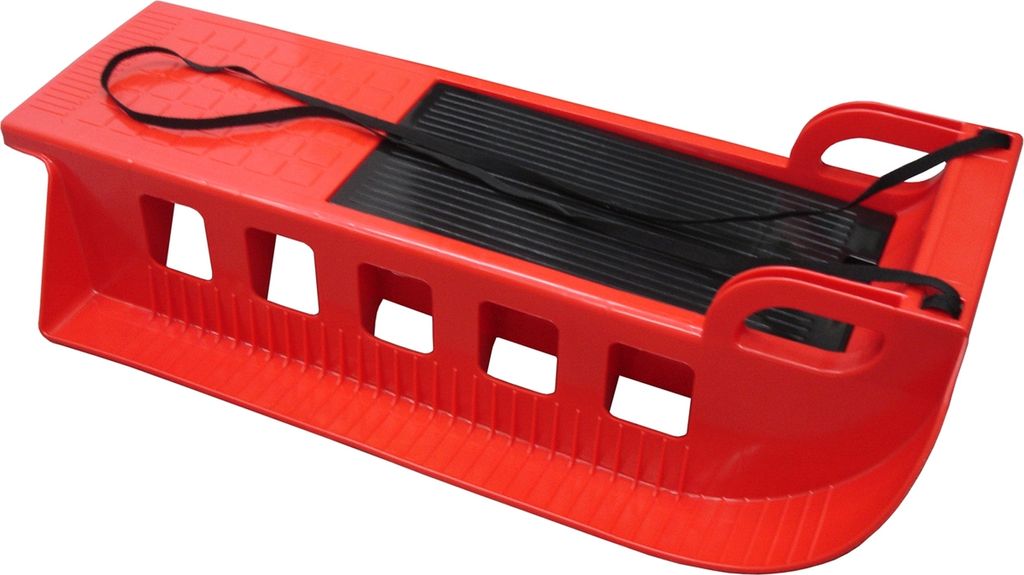 A red plastic sled with a black pull rope and a black textured grip area.