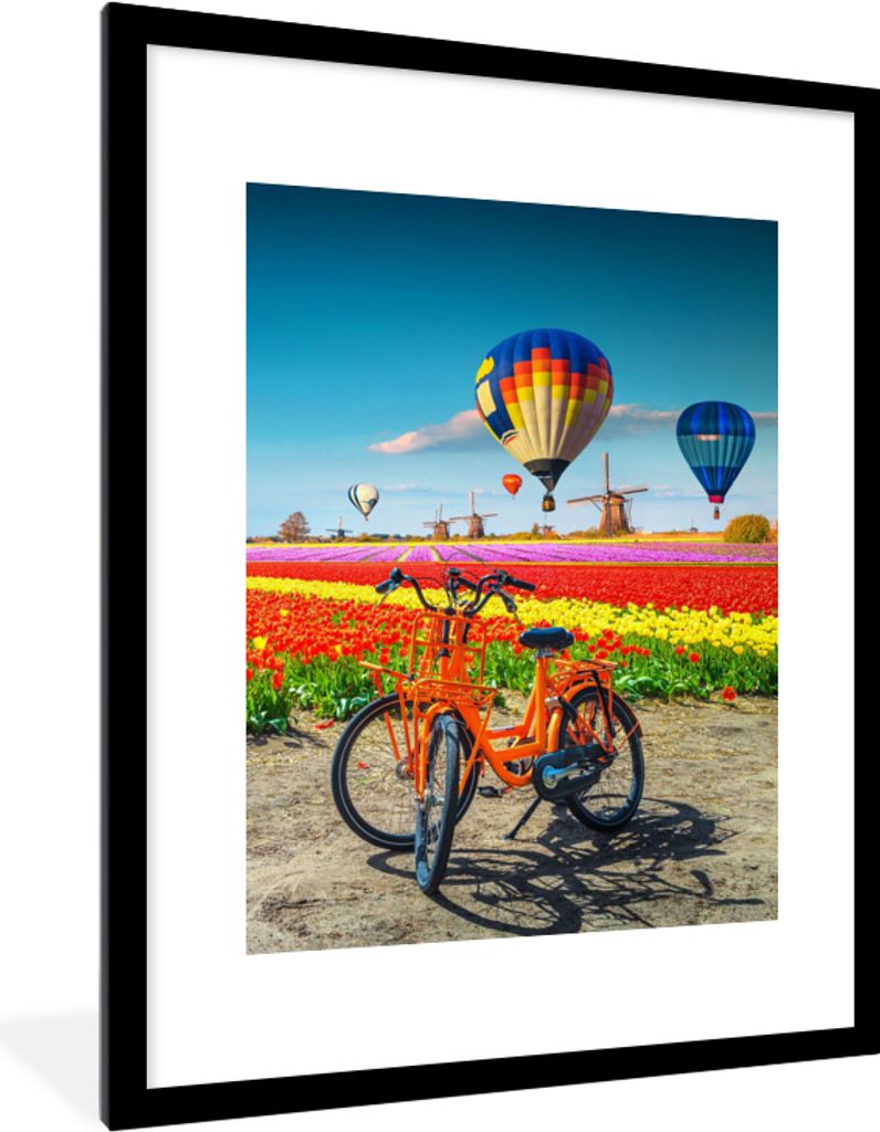 MuchoWow Gerahmtes Poster Heißluftballon - Orange - Tulpen 60x80 cm - Poster mit Schwarzem Bilderrahmen Wandposter Rahmen Foto Bilder - Wohnzimm...