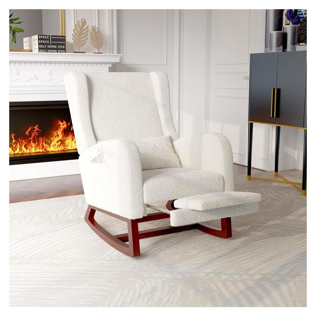Schaukelstuhl mit Fußstütze und Lendenkissen, Stillsessel mit 2 Seitentaschen, Beine aus Massivholz, für Wohnzimmer und Schlafzimmer, Beige Weiß