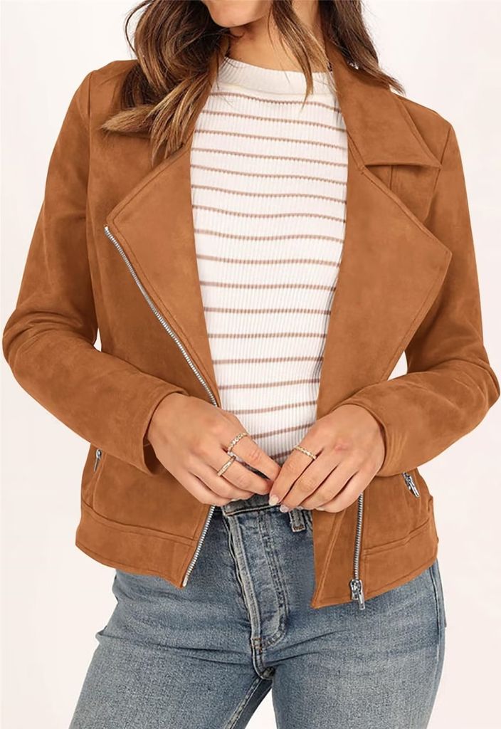 ASKSA Femme Veste de motard en faux daim, manches longues,