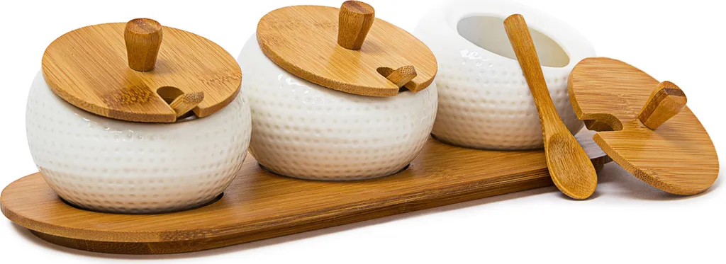 Relaxdays JIAO: Set Portaspezie 3 Pezzi in Ceramica e Bambù Naturale